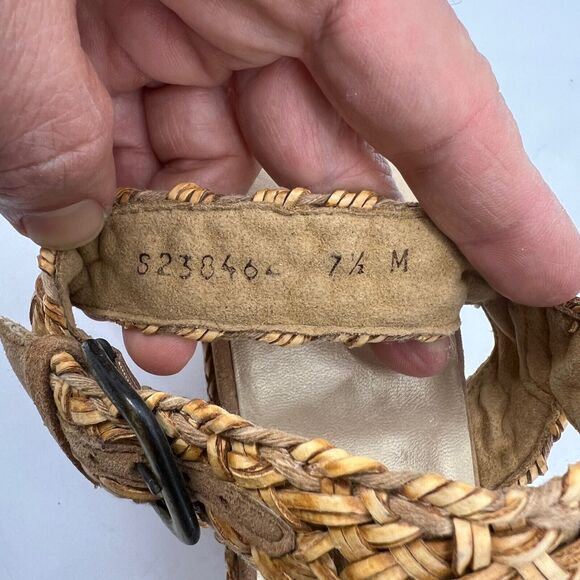 Stuart Weitzman Womens 7.5 Sandals Camel Crochet Braid Wedge Espadrille Platform - Picture 9 of 12